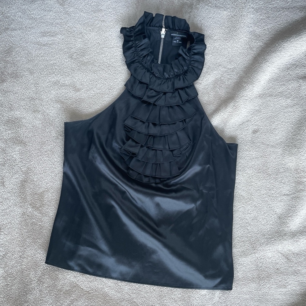 Moda international silk Black Ruffled Women's Top